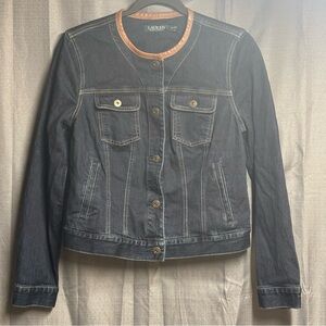 Lauren Ralph Lauren Dark Blue Jean Jacket with Brown leather Collar Trim
